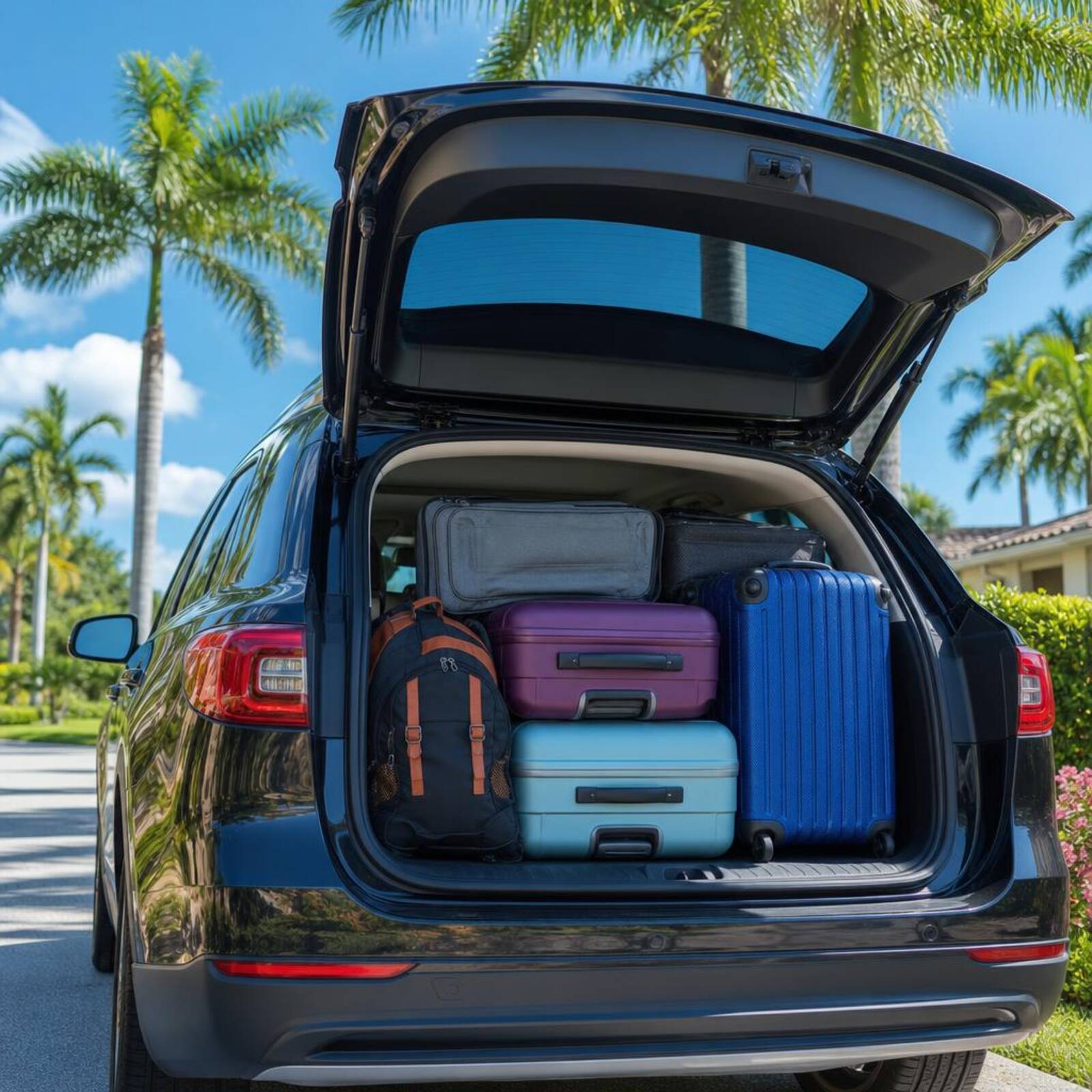 Luggage being loaded at a vacation home ready for an Orlando trip.