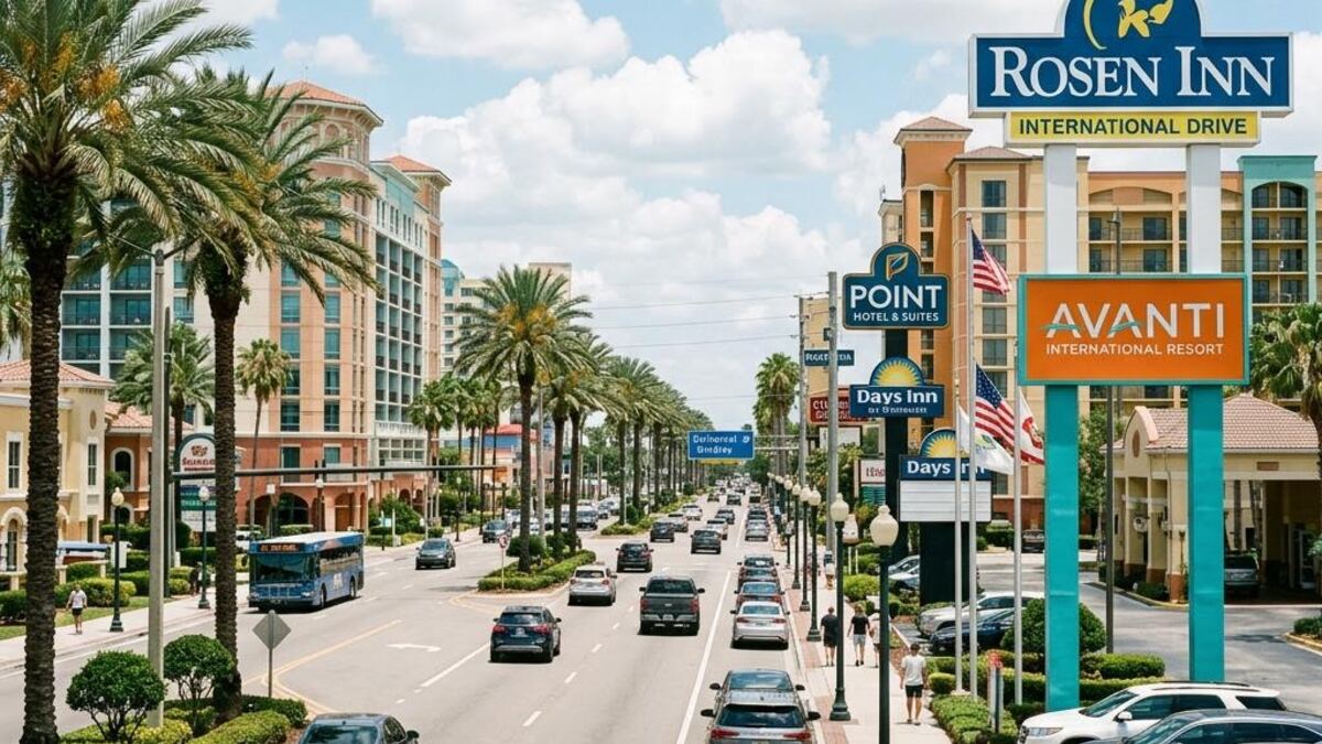 Palm-lined hotel street in the Orlando tourist corridor on a sunny day with mid-rise hotels and signage.