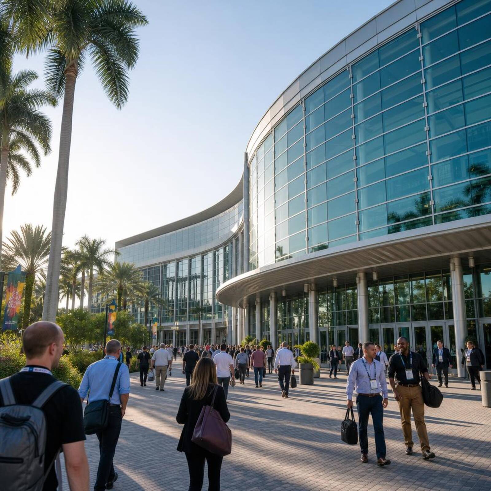 Attendees with lanyards walking outside a large glass convention center in Orlando.