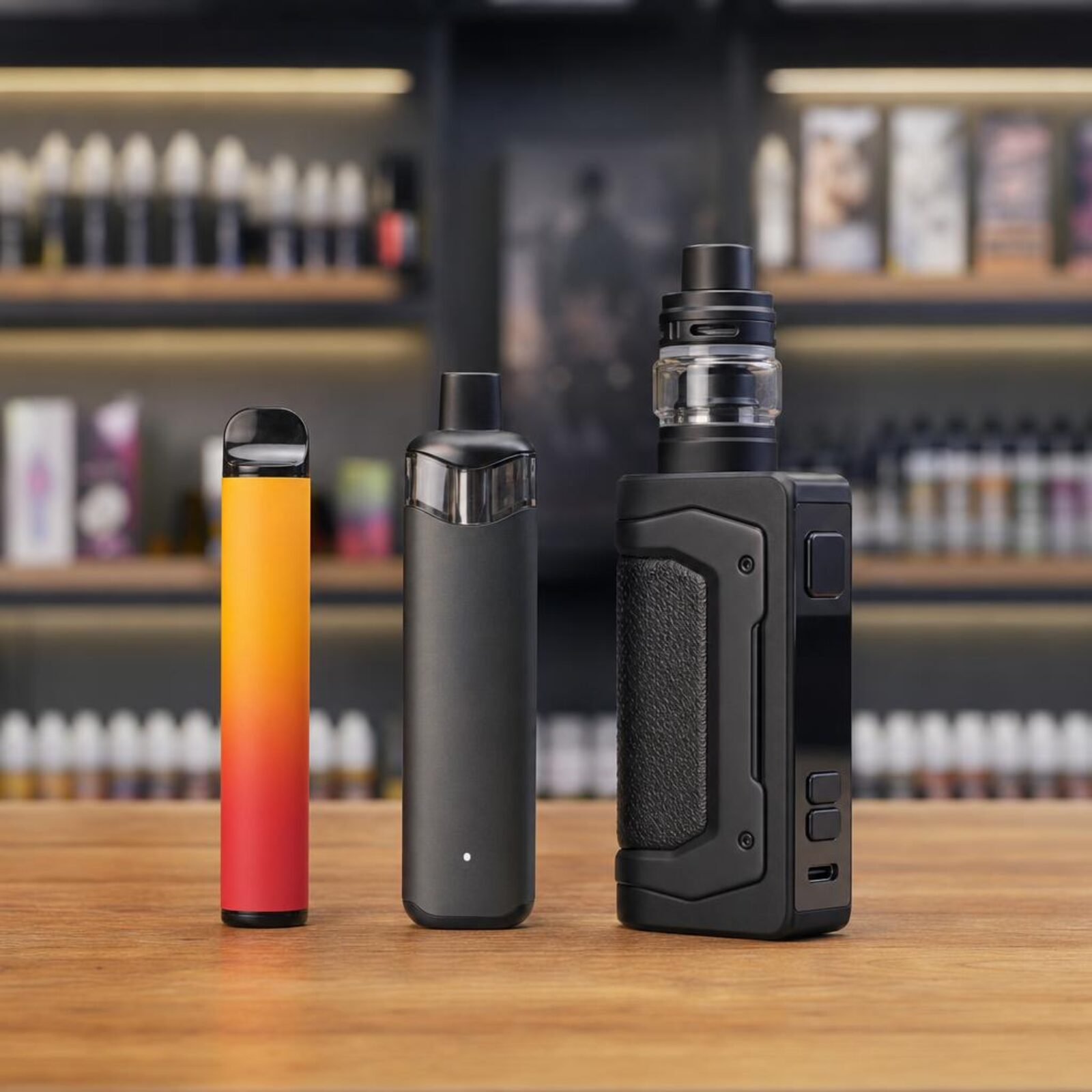 A disposable vape, a pod system and a box mod arranged side by side on a wooden counter.