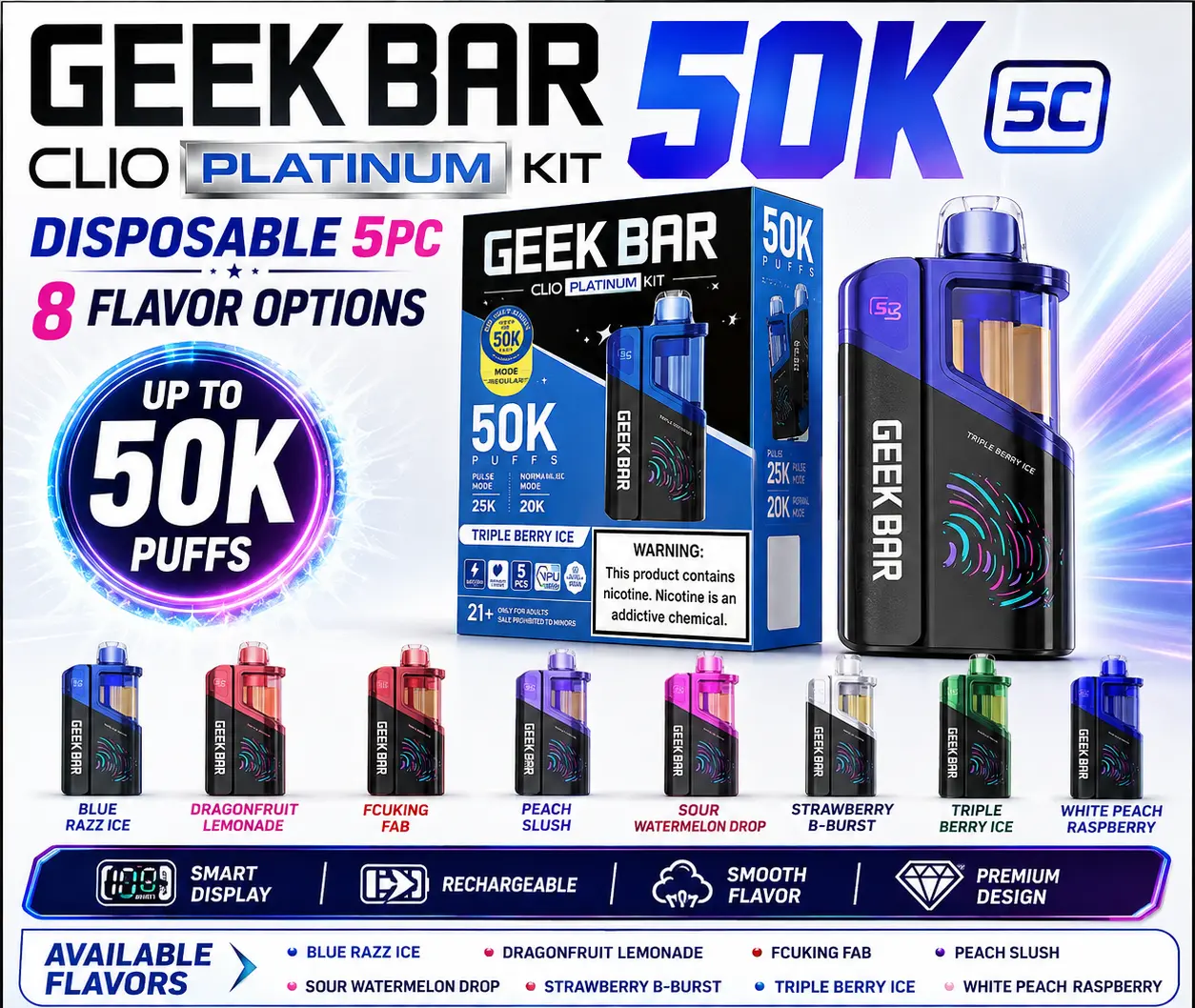 Geek Bar Clio Platinum Kit 50K disposable vapes — 8 flavor options, smart display, at 247 Smoke Shop Sand Lake / Universal Studio Orlando