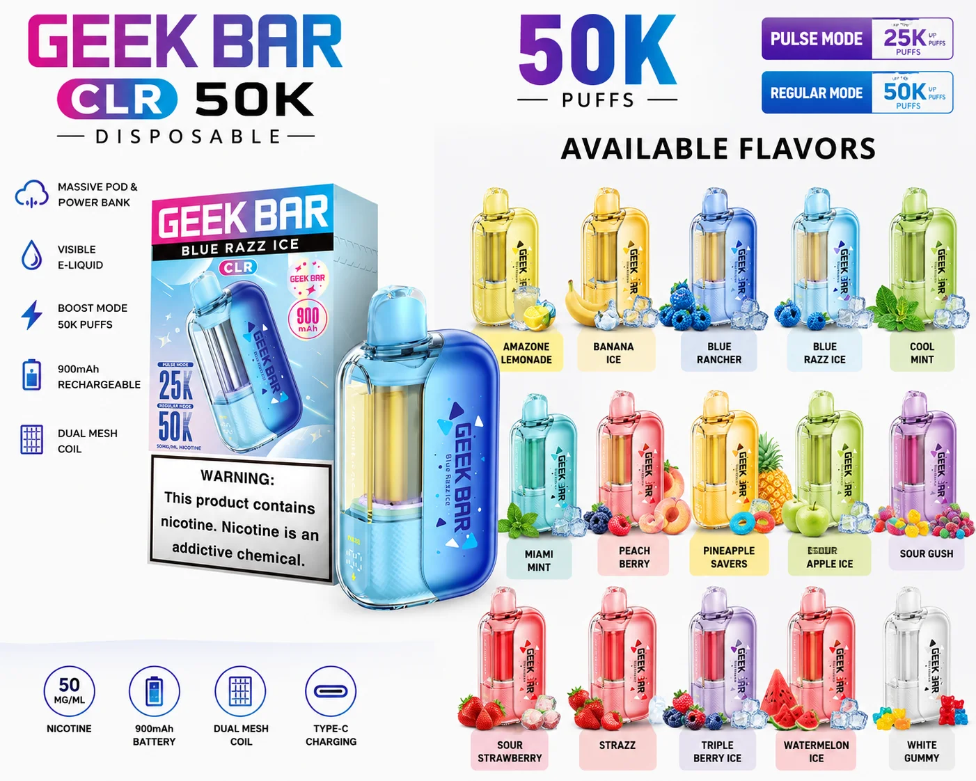 Geek Bar CLR 50K disposable vape full flavor lineup — 15 flavors including Blue Razz Ice and Cool Mint, at 247 Smoke Shop Sand Lake / Universal Studio Orlando