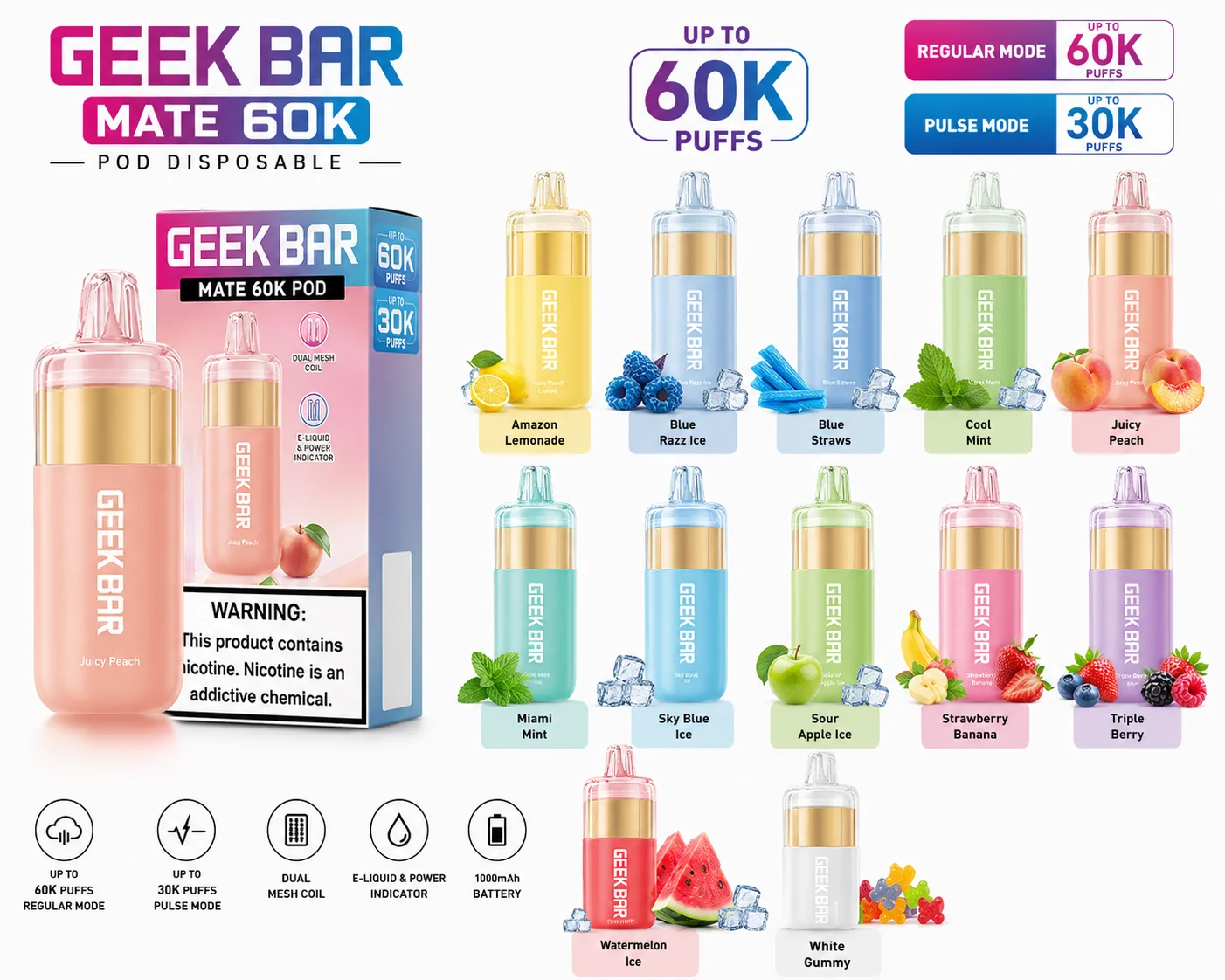 Geek Bar Mate 60K pod disposable full flavor lineup — 12 flavors, dual mesh coil, at 247 Smoke Shop Sand Lake / Universal Studio Orlando