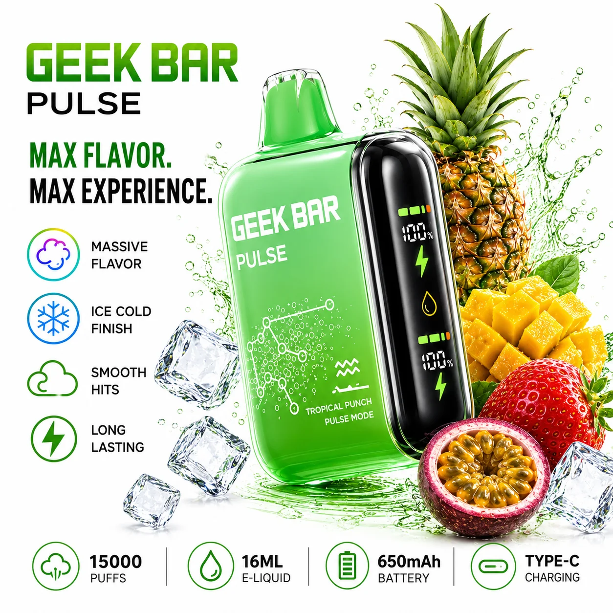 Geek Bar Pulse 15000 puff disposable vape — Tropical Punch, 16mL e-liquid, Type-C charging, at 247 Smoke Shop Sand Lake / Universal Studio Orlando