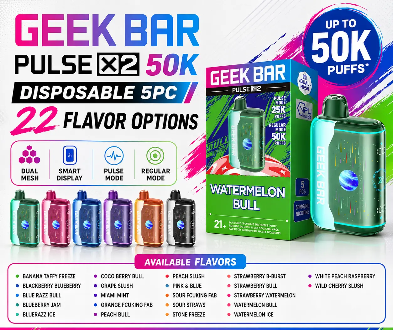 Geek Bar Pulse X2 50K disposable vapes — 22 flavor options, dual mesh, smart display, at 247 Smoke Shop Sand Lake / Universal Studio Orlando
