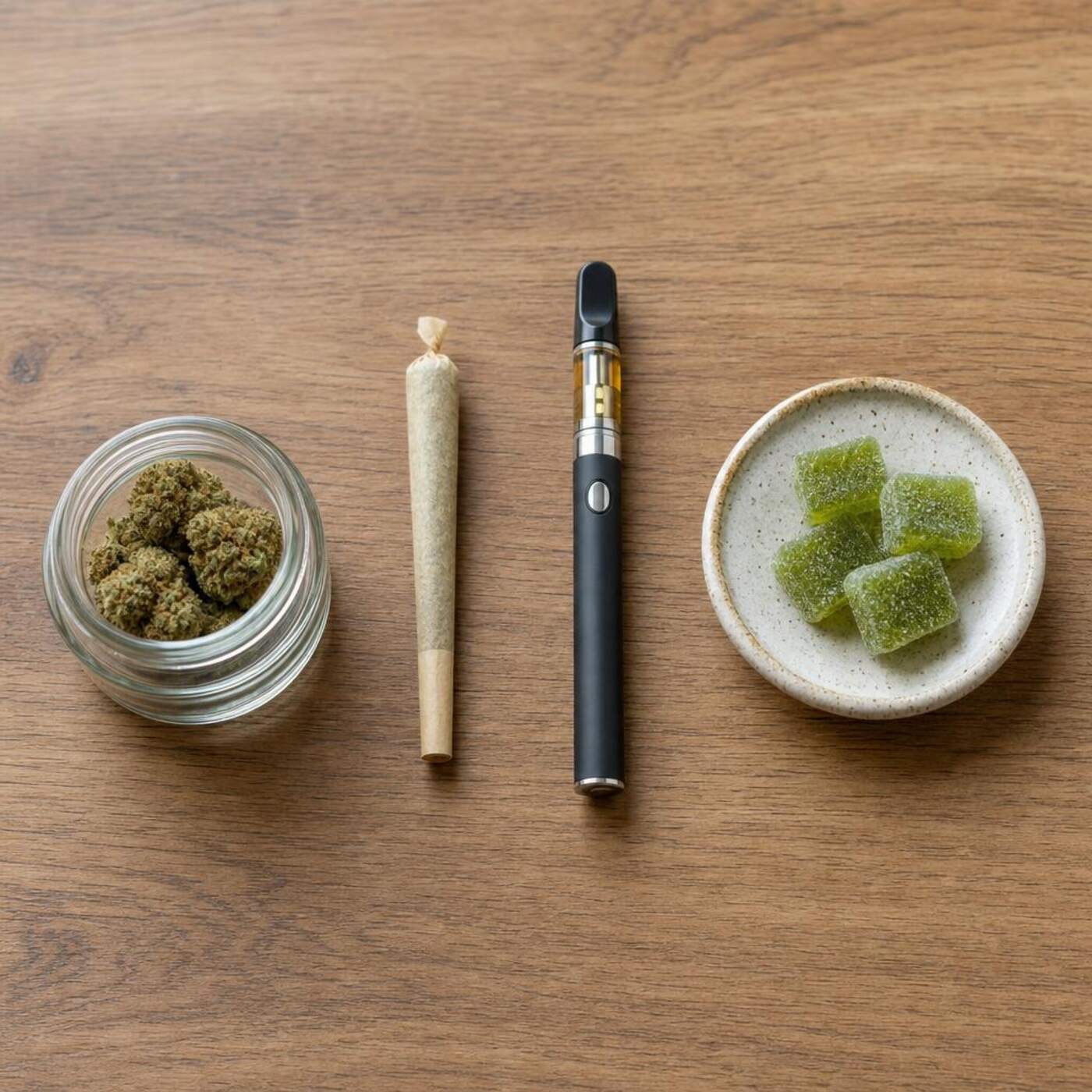 Flat lay of a jar of hemp flower, a pre-rolled cone, a vape pen and gummies on a wooden surface.