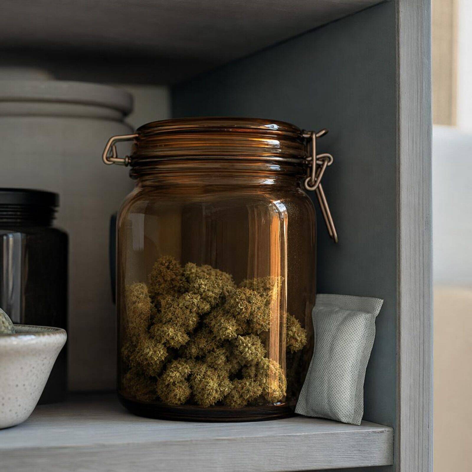 Amber glass jar of hemp flower stored on a shaded shelf beside a humidity pack.