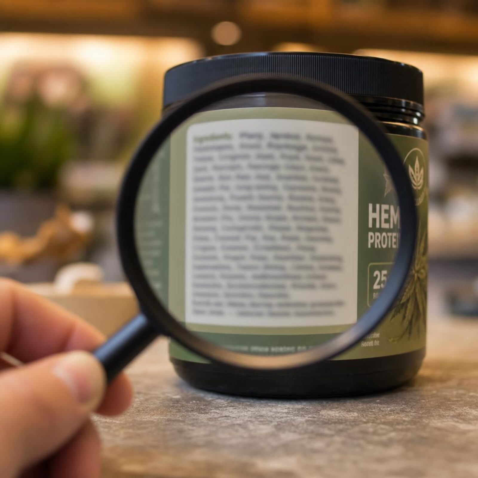 Magnifying glass over cannabinoid terms printed on a hemp product label.