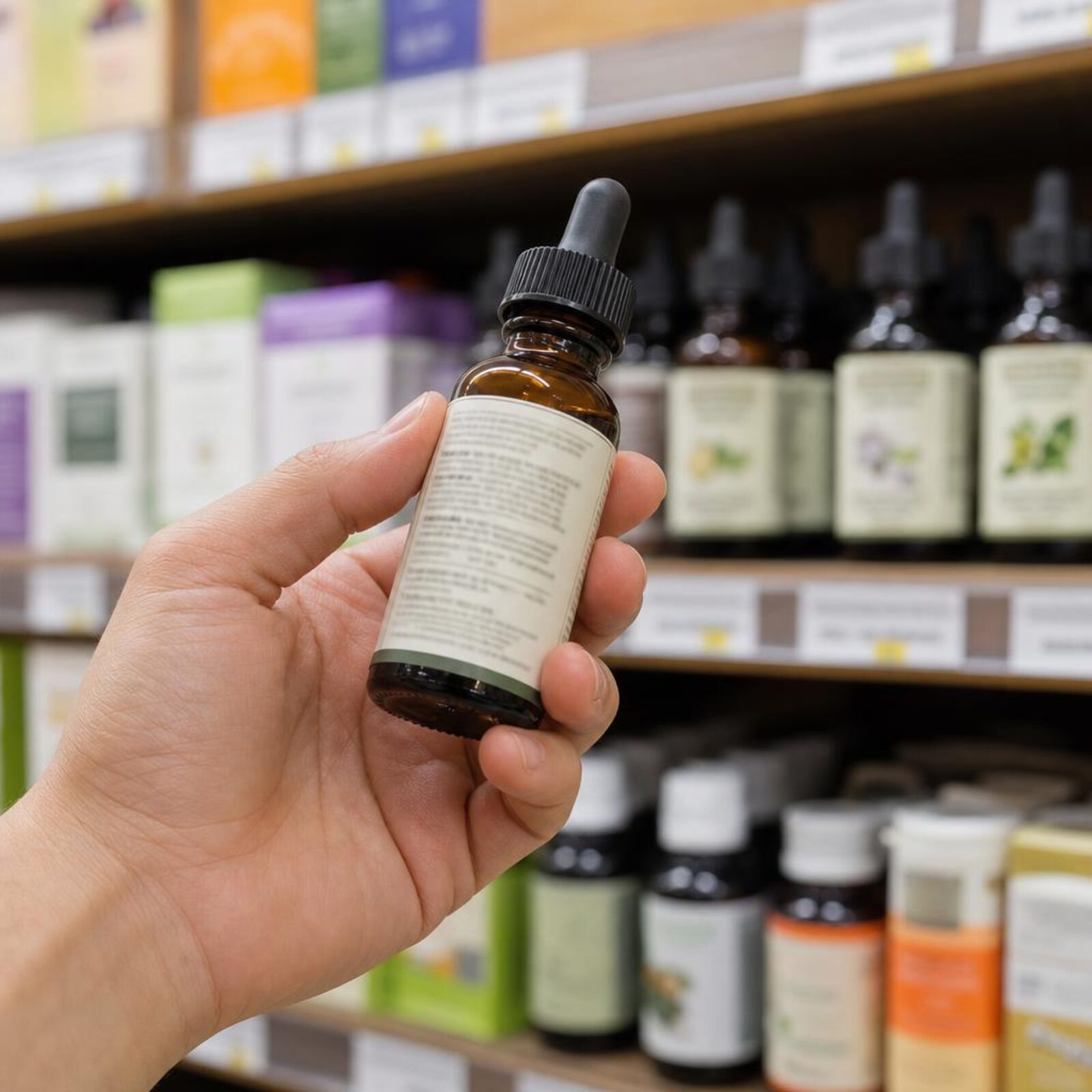Shopper comparing the back labels of hemp extract bottles on a store shelf.