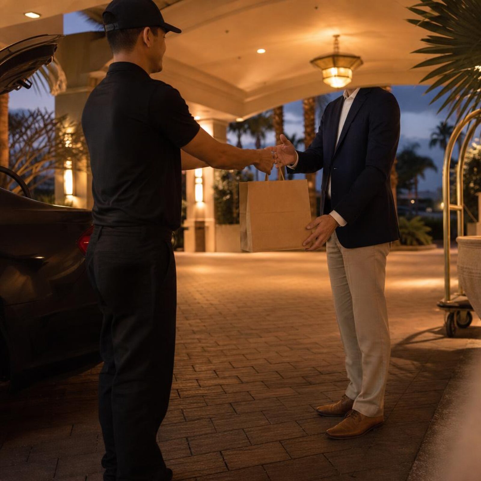 Hotel entrance where delivery drivers hand off orders to guests in Orlando.