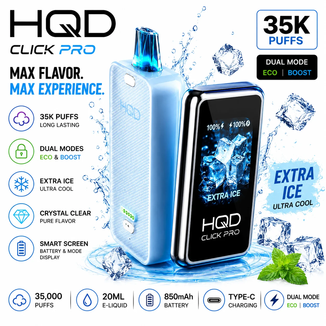HQD Click Pro 35K puff disposable vape — dual Eco/Boost modes, smart screen, extra ice, at 247 Smoke Shop Sand Lake / Universal Studio Orlando