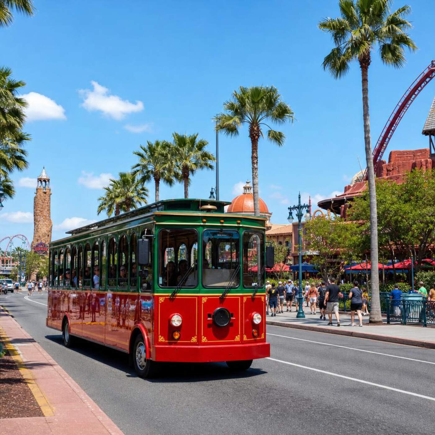 Tourist trolley bus driving along palm-lined International Drive in Orlando.