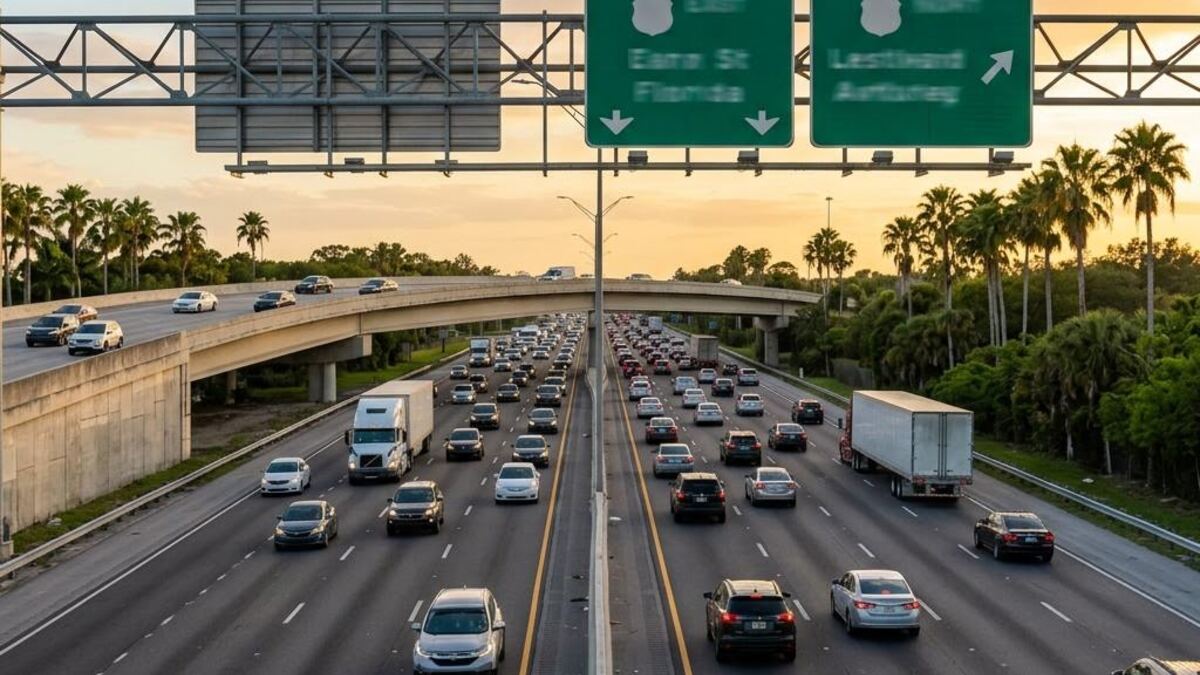 Florida interstate highway with overhead exit signs and an interchange overpass in late afternoon light.