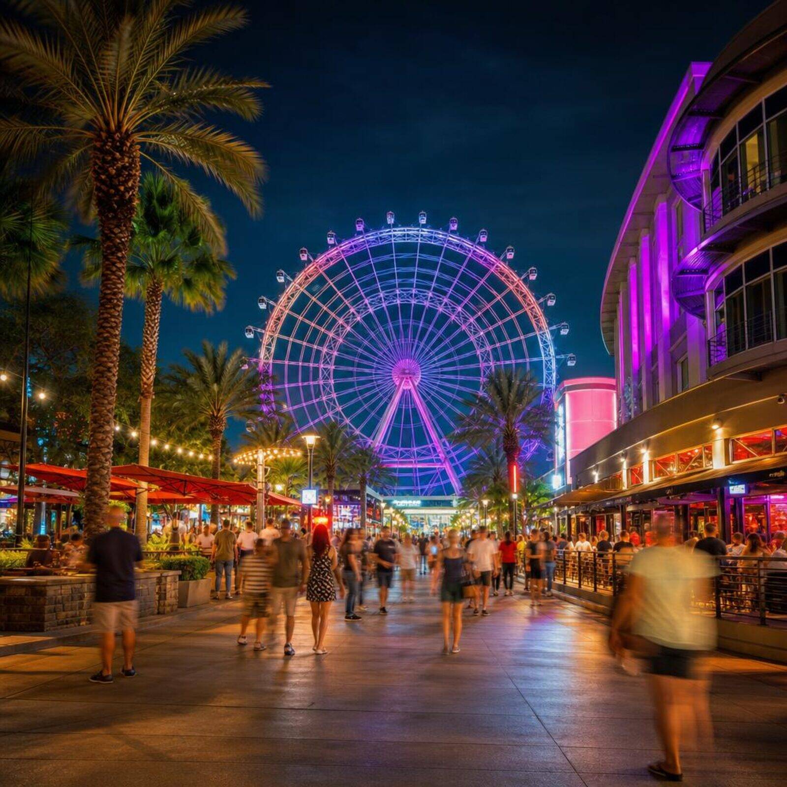 International Drive in Orlando at night with neon lights and the illuminated observation wheel.