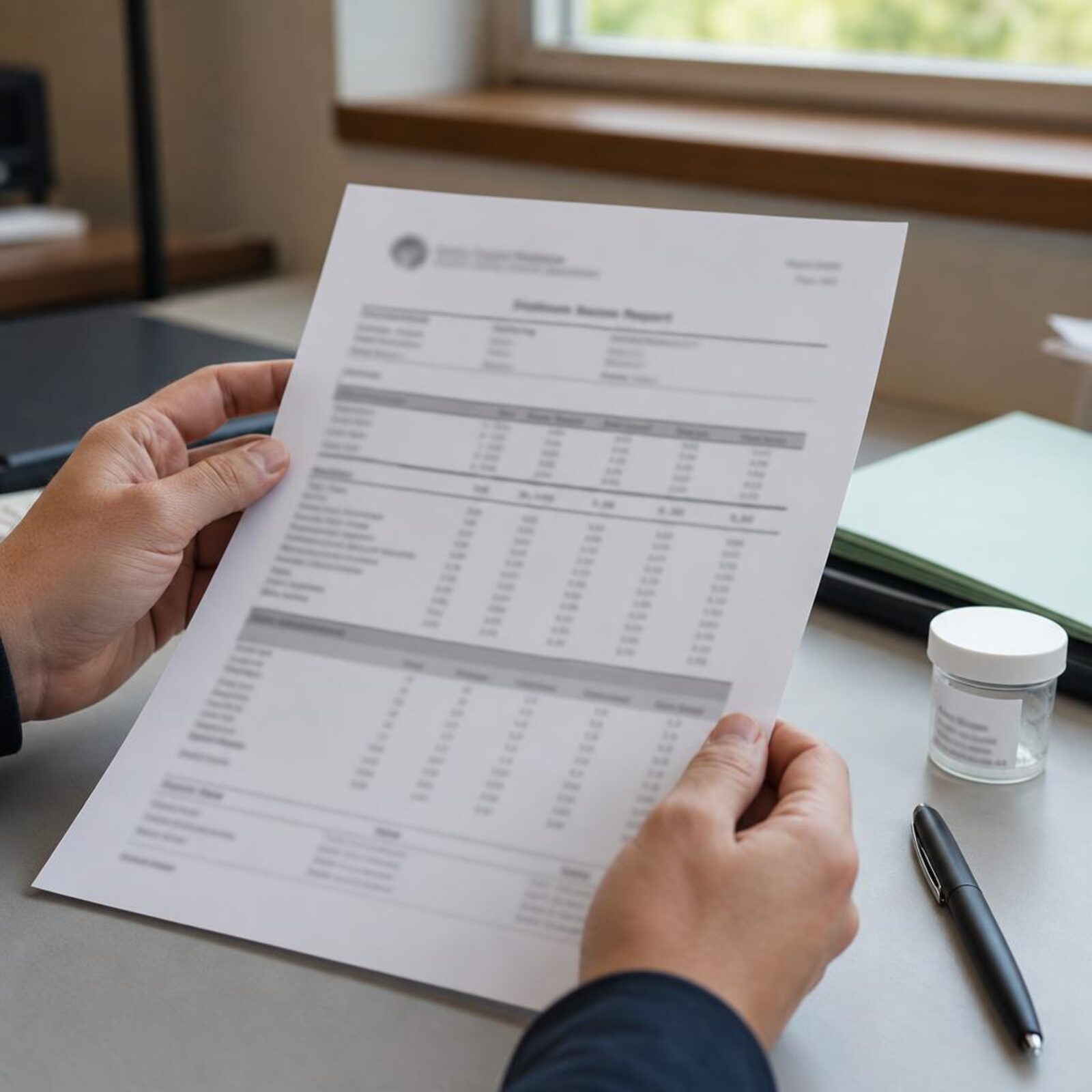 Hands holding a printed laboratory report with data tables beside a pen and a small jar.