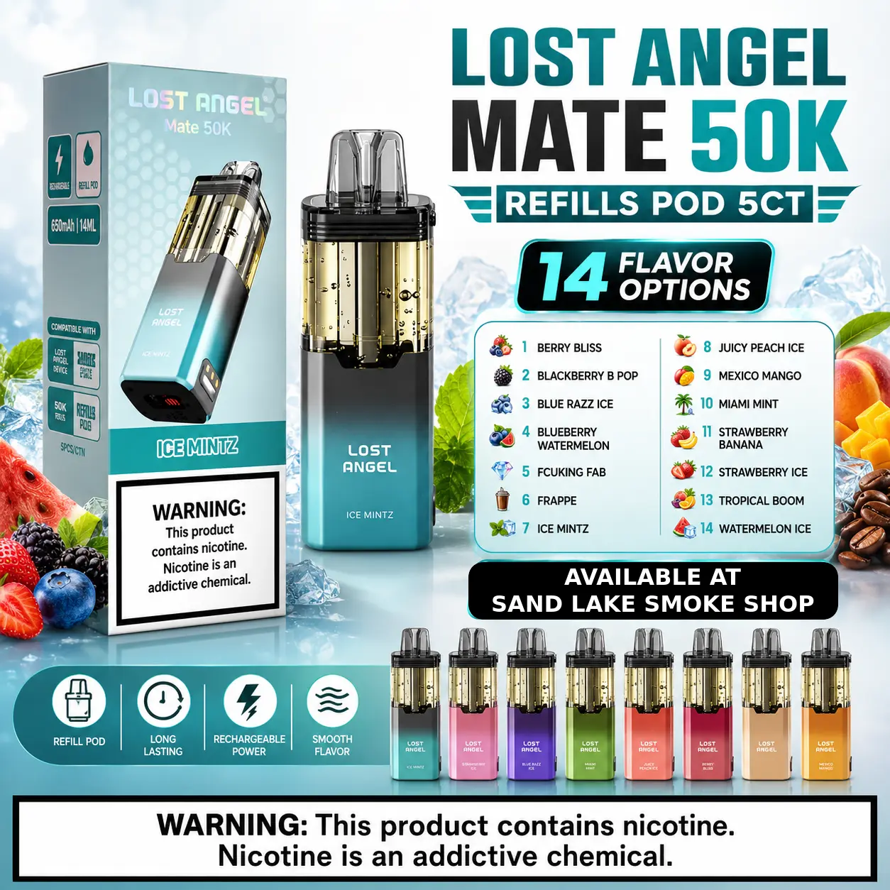 Lost Angel Mate 50K refill pods — 14 flavor options, rechargeable pod device, at 247 Smoke Shop Sand Lake / Universal Studio Orlando