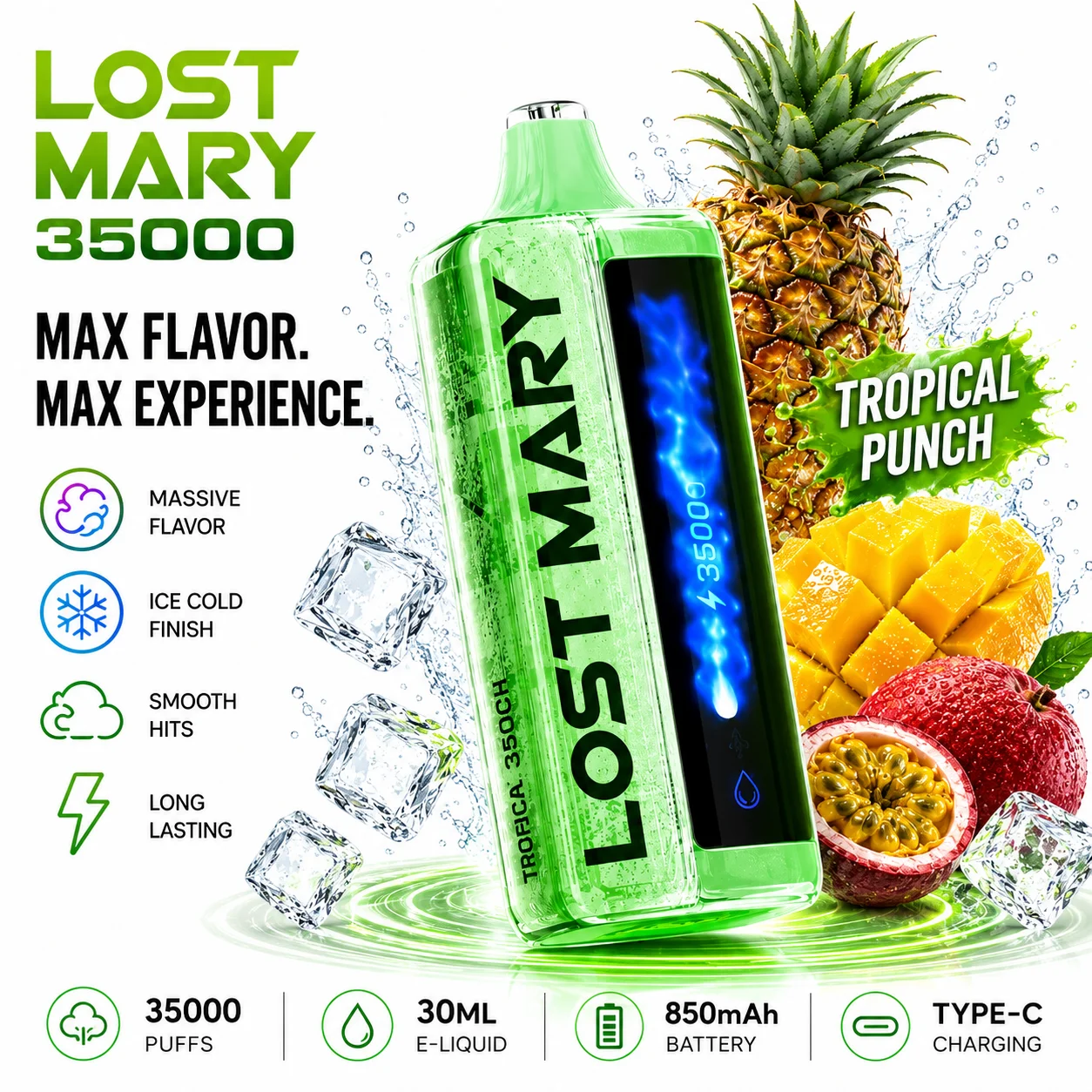 Lost Mary 35000 puff disposable vape — Tropical Punch, 30mL e-liquid, at 247 Smoke Shop Sand Lake / Universal Studio Orlando