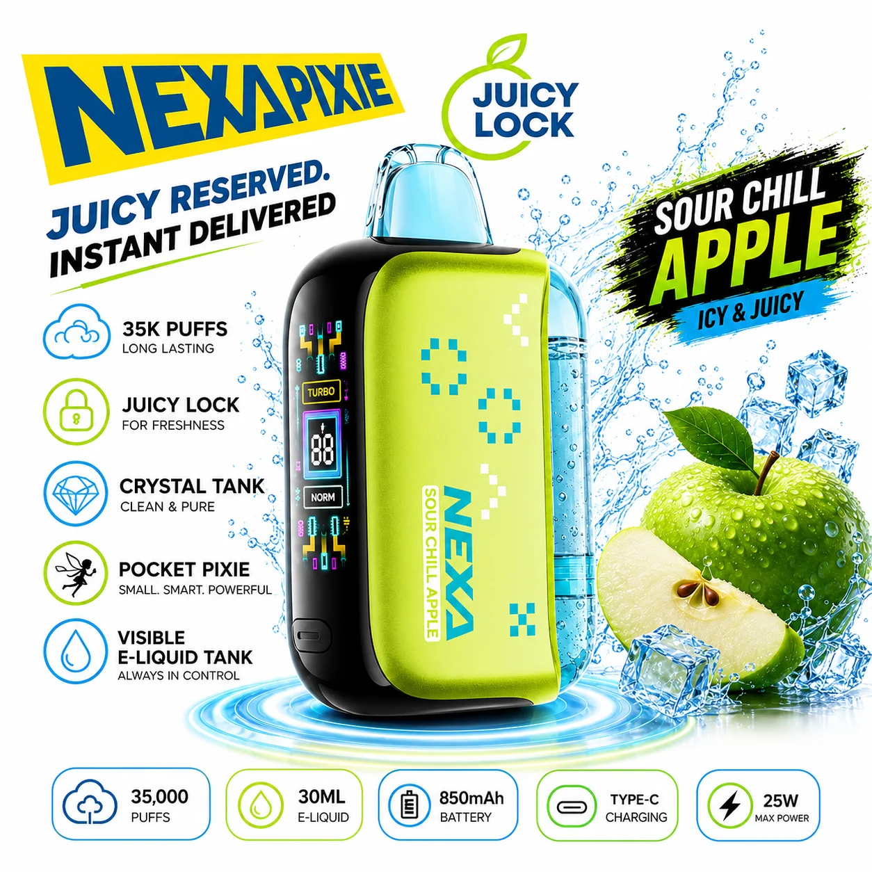 NEXA Pixie 35K puff disposable vape — Sour Chill Apple, Juicy Lock freshness, crystal tank, at 247 Smoke Shop Sand Lake / Universal Studio Orlando