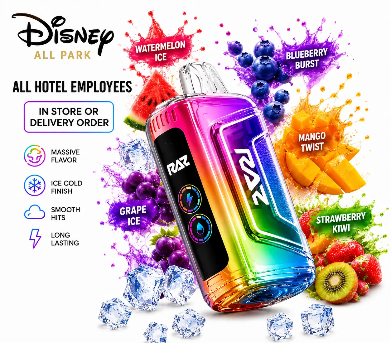 RAZ disposable vape — Watermelon Ice, Blueberry Burst, Mango Twist, Grape Ice, Strawberry Kiwi flavors, in store or delivery, at 247 Smoke Shop Sand Lake / Universal Studio Orlando