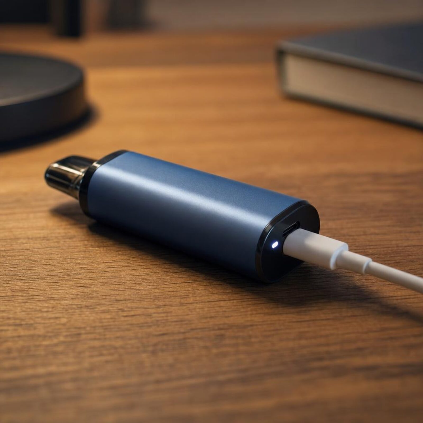 Rechargeable disposable vape charging on a desk with a USB-C cable.