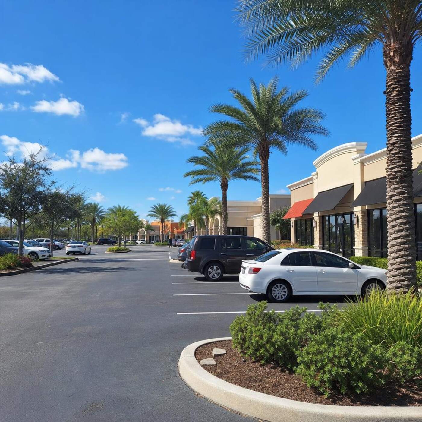 Surface parking at the 247 Smoke Shop plaza on West Sand Lake Road in Orlando.