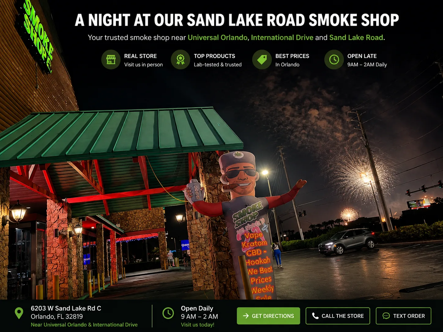 Promotional nighttime banner for 247 Smoke Shop on Sand Lake Road in Orlando