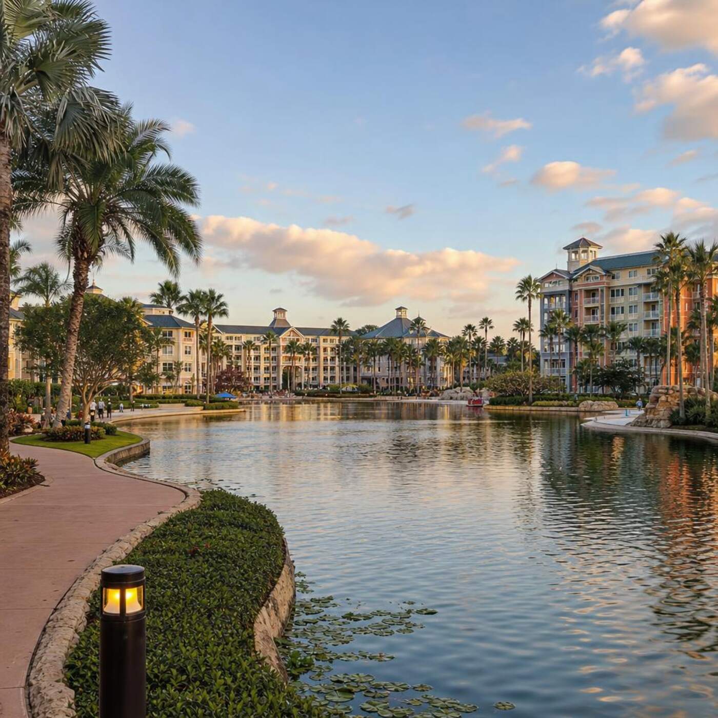 Resort hotels around a palm-fringed lagoon near SeaWorld Orlando in late afternoon.