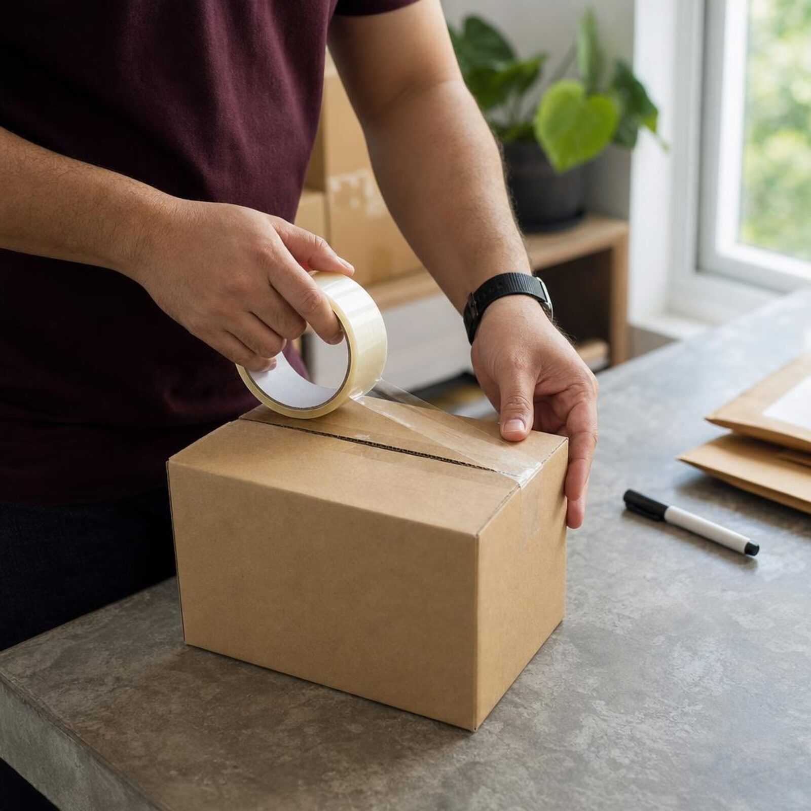 Hands sealing a small cardboard shipping box with packing tape at a table.