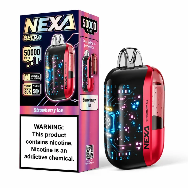 A packaged NEXA disposable vape displayed beside the device on a white background.