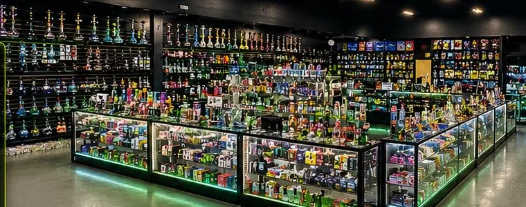 Wide interior view of 247 Smoke Shop showing the product counter and display cases.