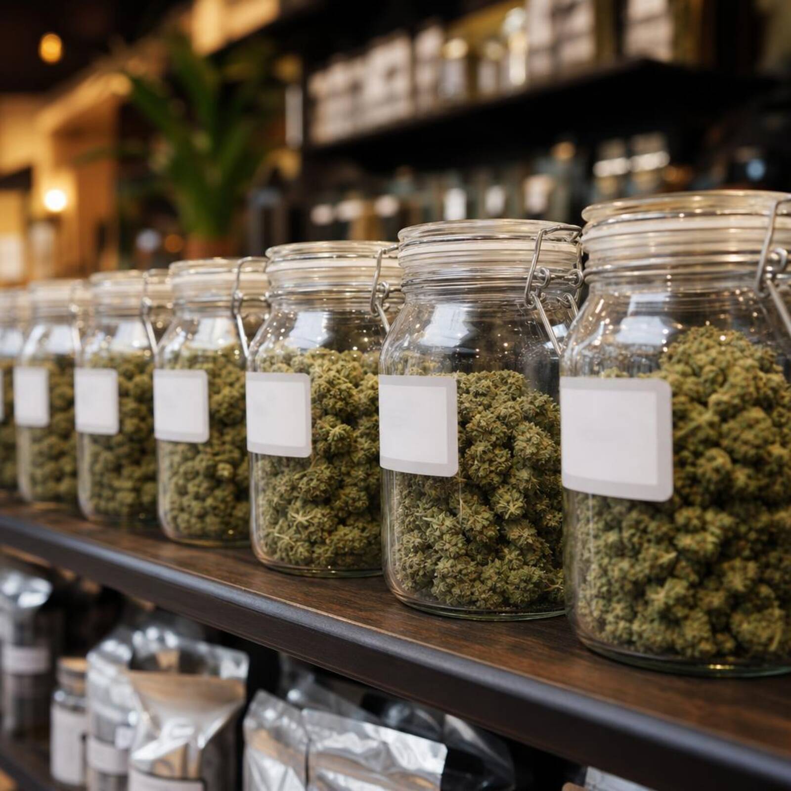 Row of glass jars holding green hemp flower with small labels on a smoke shop shelf.