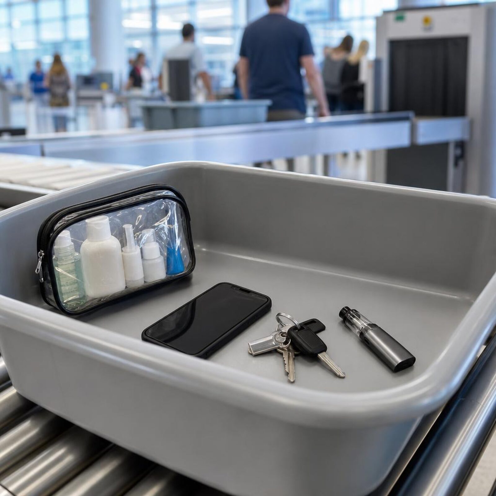 Carry-on items including a vape device in an airport security bin.