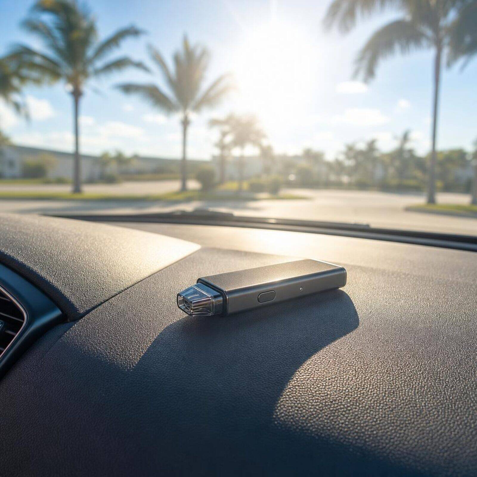 Vape device left on a car dashboard in harsh Florida midday sunlight.